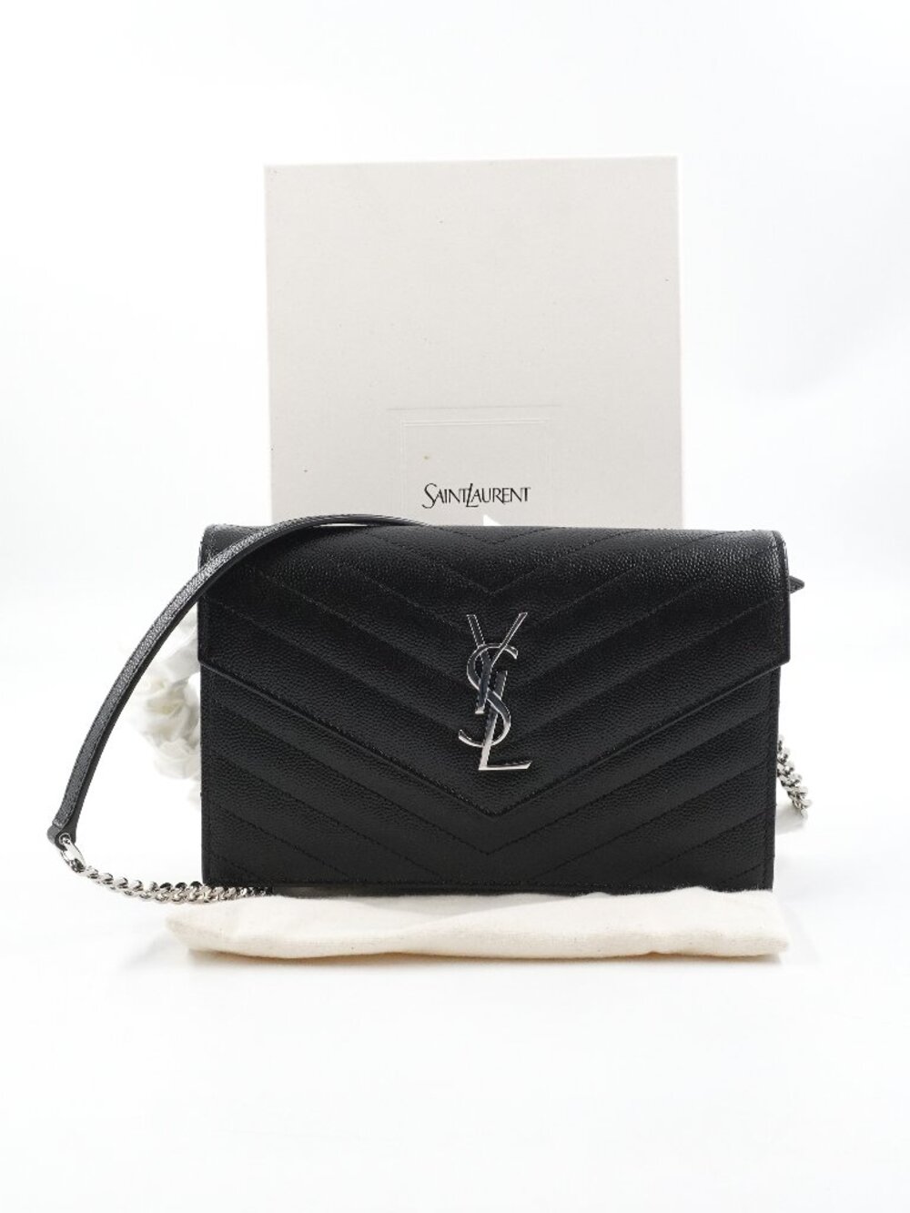 Saint Laurent Cassandre Envelope Chain Wallet In Black Leather & Silver Hardware